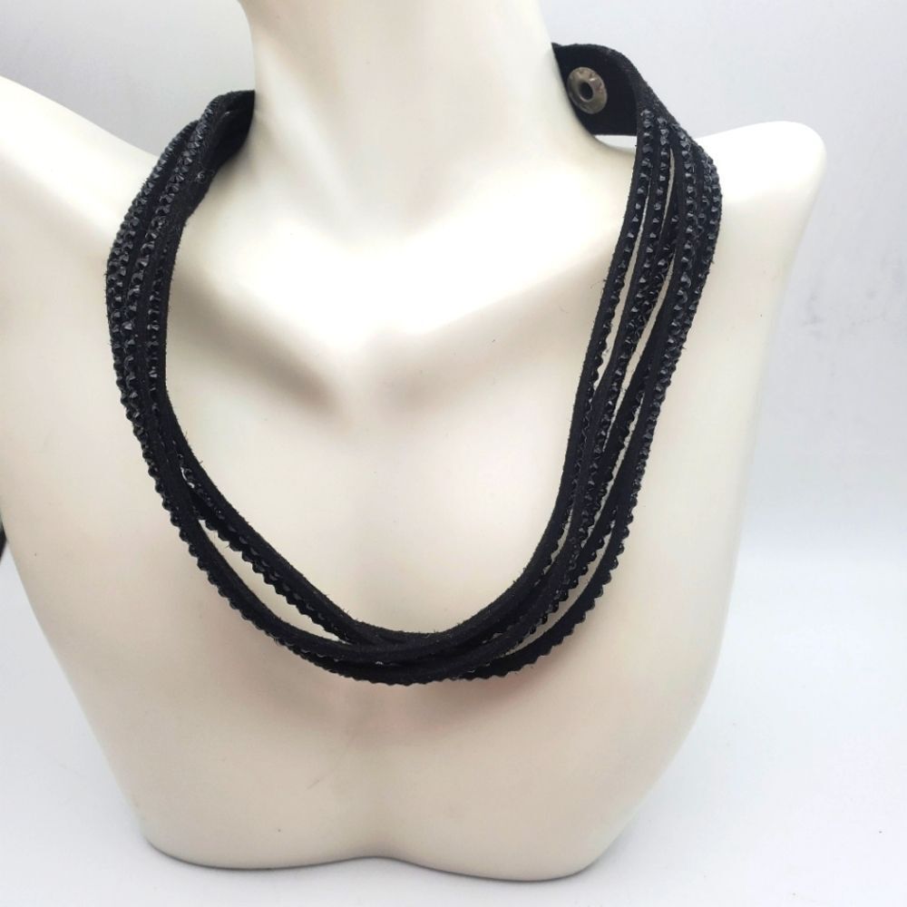 Dark academia steampunk Gothic biker choker necklace wrap midnight black crystal